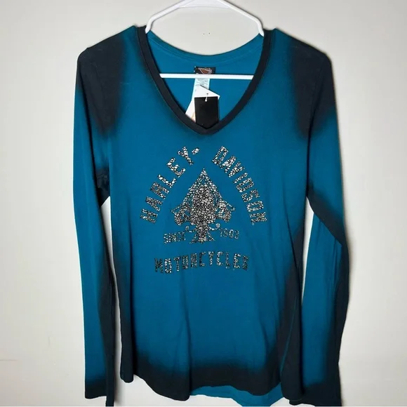 Harley Davidson Patina Sheen V neck top- S - Picture 1 of 5
